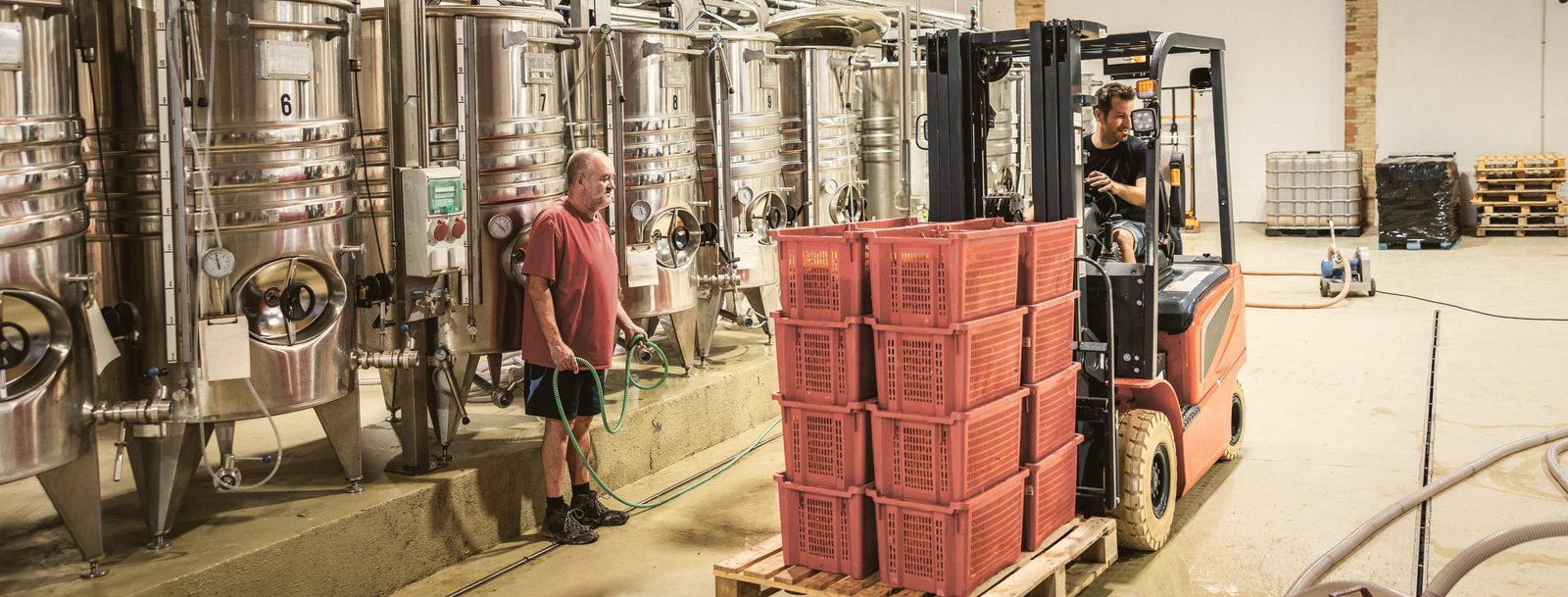 Équipe en situation dans un chai : cave, production et encadrement qui se coordonnent. Montrer comment les fonctions se rencontrent.